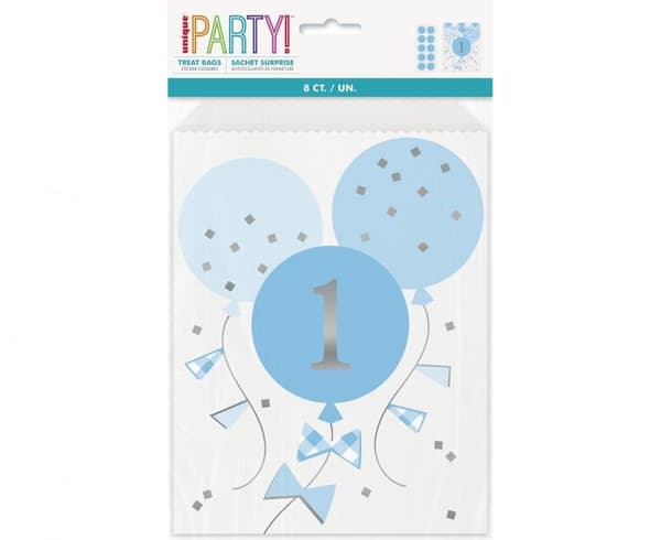 First Birthday blå papperspåsar, 8-pack