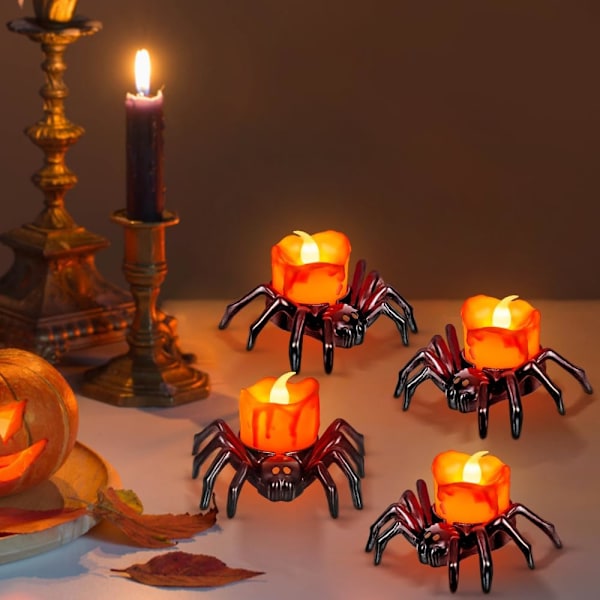 6 stk. Halloween-telys med LED-lys, batteridrevne Halloween-flammeløse LED-lys, Halloween-edderkop-telys, uhyggelige elektriske flimrende falske lys