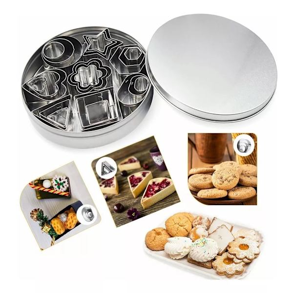 Sett med små geometriske kakeform i rustfritt stål - firkantet, hjerte, trekant, rund, blomst, stjerne - bakeformer i metall for å kutte ut bakverk og deig