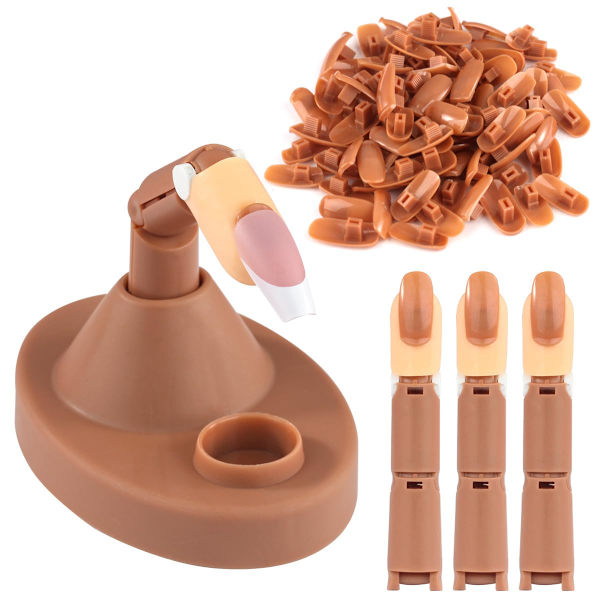 Akryl nagelövningsfinger set, akryl nagelträning med 1 basstativ, 3 justerbara konstgjorda fingrar, 100 bruna nagelspetsar