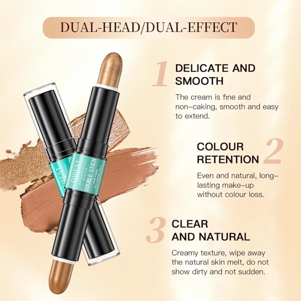 Concealer, dobbeltsidig konturstift, tredimensjonal ansiktslysende highlighter-stift, perleaktig naturlig skyggestift