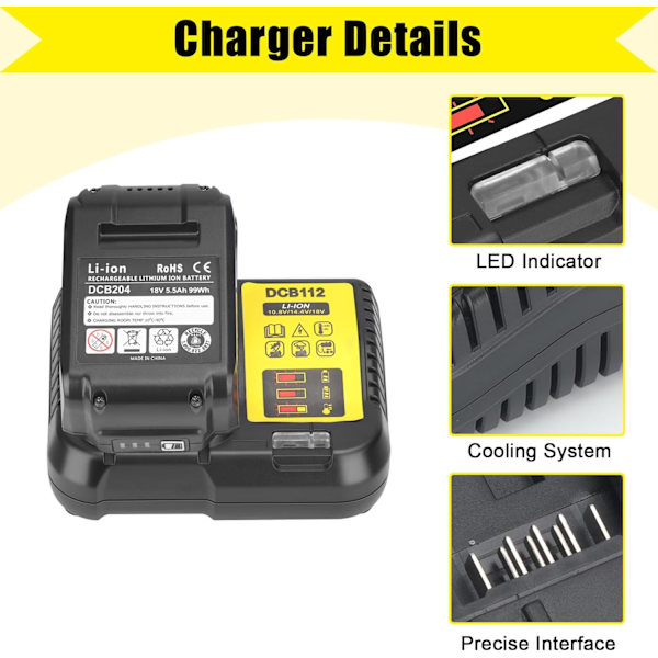 DCB112 til Dewalt Batterilader Udskiftning til Dewalt 12V 20V og 60V Max Lithium-Ion Batteri DCB205 DCB112 DCB201 DCB200 DCB612