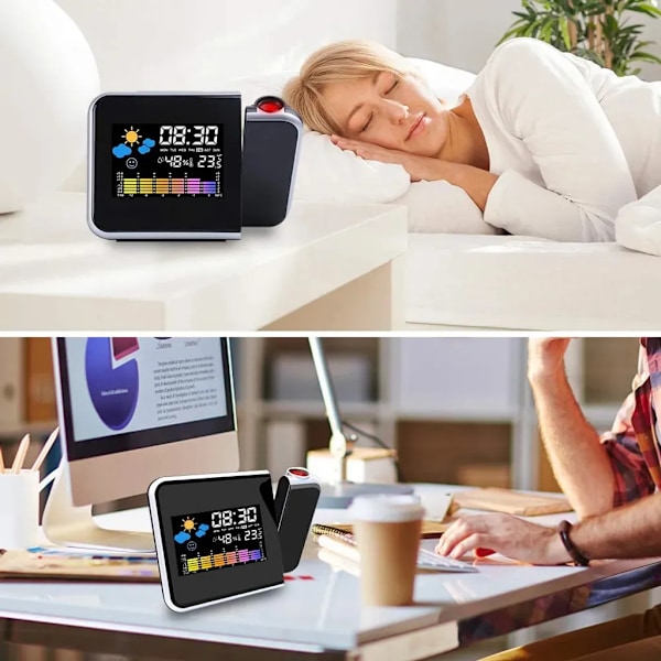 Väckarklocka med projektion, LED-projektionsväckarklocka, projektionsdigital väckarklocka, USB-laddning/LCD-displaybelysning - ingen radiofunktion, Vit