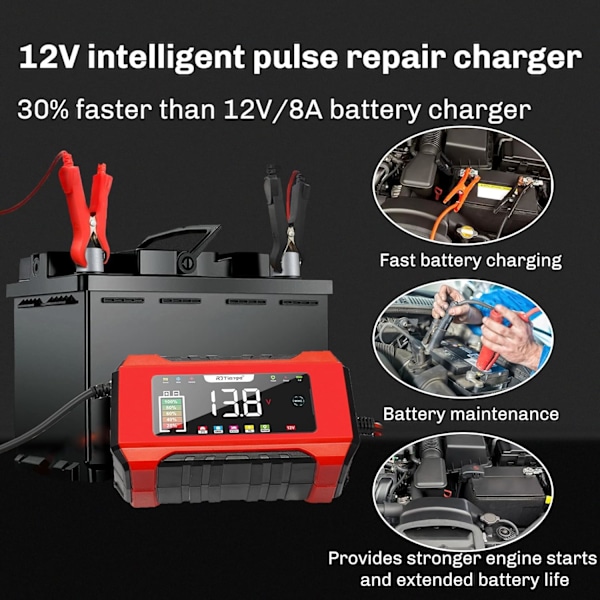 Bilbatterilader, 12V 6A Smart Batteri Trickle Lader Bil 12V Batteri Vedligeholdelses Desulfator til Bil Lastbil Motorcykel Plæneklipper Marine