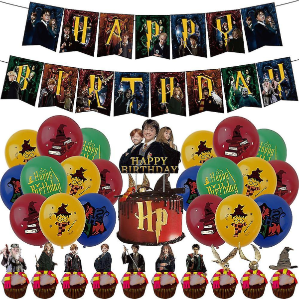 Harry Potter Tema Födelsedagsdekoration Set Innehåller Grattis på födelsedagen Banner Ballonger Kit Cake Cupcake Toppers, Magic Wizard Festtillbehör för barnfans