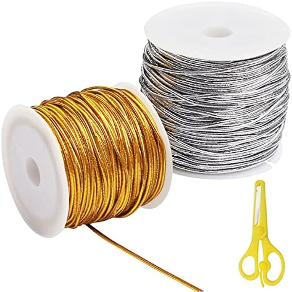 2 Roll Diy Craft String, 50m Askartelu Jousto Jousto 1mm Paksu Kulta Hopea Metallinen String Joulunauha Lahjapakkausnauha ja Askartelu Makin