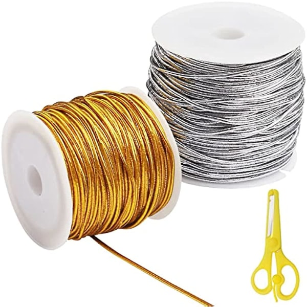 2 rullar gör-det-själv hantverkssnöre, 50 m hantverkssnöre 1 mm tjock guld silver metallsnöre för julsnöre Presentinpackningssnöre och hantverk Makin