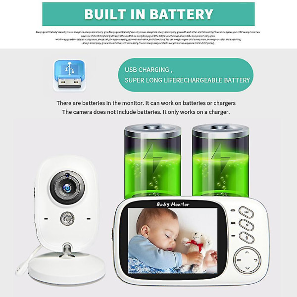 Babyalarm med kamera og nattesyn, babyalarm Video trådløs 3,2'' LCD-skærm med Vox-tilstand, tovejs tale