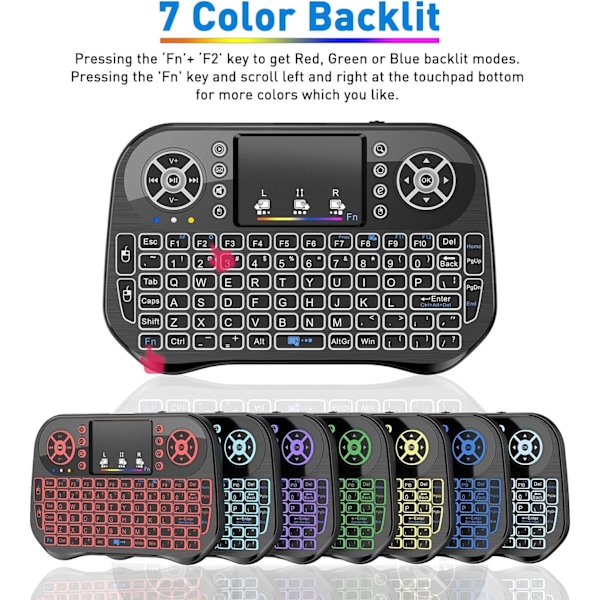 Mini trådløst tastatur med touchpad-musekombination, 7 farver RGB-baggrundsbelysning, til Android TV Box, Smart TV, Pad, PC, HTPC, Tablet og Windows OS