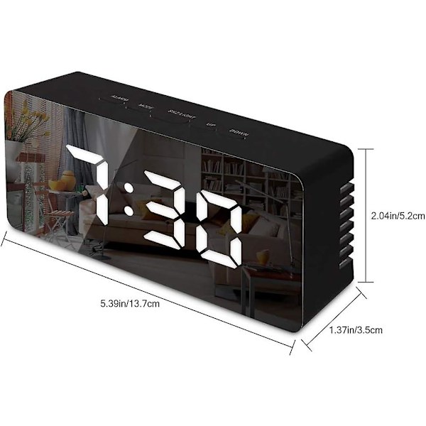 Digital spejlalarm, led sengeur med temperatur, justerbar lysstyrke-ur-sort