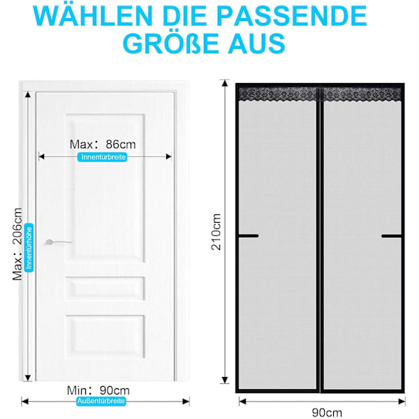 Magneettinen hyttysverkko-ovi, verhosuojaus parvekkeen ovelle, naarmunkestävä, vahvemmat magneetit hyttysverho parvekkeen ovelle (90 x 210 cm)