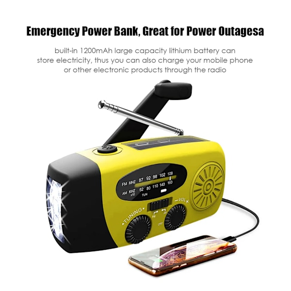 Aurinkoenergia-käyttöinen käsikäyttöinen radio AM/FM hätäradio 1200mAh, 3 LED-taskulamppu, Power Bank USB-laturi ulkoilmaretkeilyyn sääradio hätätilanteisiin