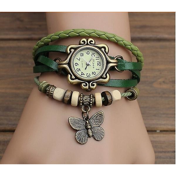 Vintage sommerfugl armbåndsur læder mode dame kvartsur（grøn）