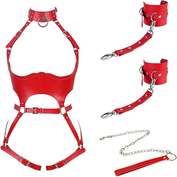 Sex Bondage BDSM Kit Begrensninger Sett, Justerbar Begrensningssele Sett med Leash Håndjern og Midje Garter Belte Full Body Sele
