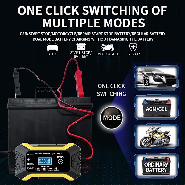 Bilbatterilader, 12V 6A Smart Batteri Trickle Lader Bil 12V Batteri Vedligeholdelses Desulfator (gul)