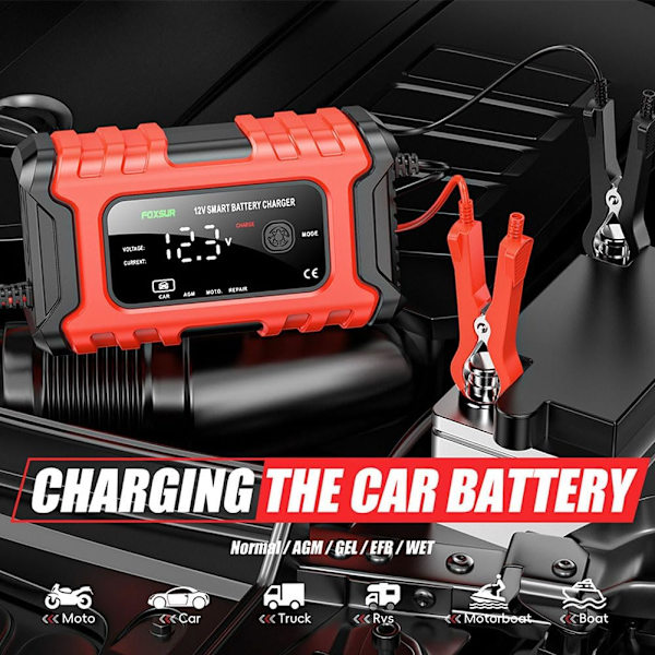 Bilbatterilader 12V, 6 Amp Automatisk Smartlader, Vedligeholdelseslader og -opretholder, Bilbatteri Reparation og Desulfator