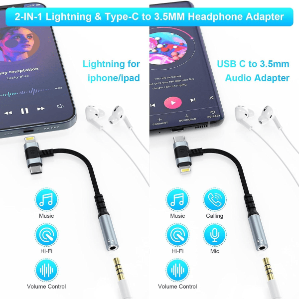 Lightning & USB-c - 3,5 mm kuulokeliitäntäsovitin 2-in-1 kuulokeadapteri Iphone Type C - 3,5 mm naaraskuulokeliitäntään Ipad/iphone 1