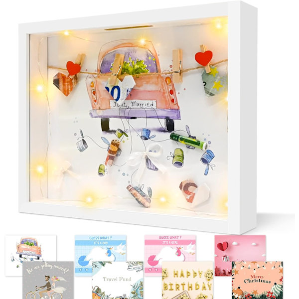 3D-bilderamme til å fylle, personlig sparebøsse, dyp ramme med lys og plexiglass, 3D-objektramme for bryllup, dåp, reise, bursdag