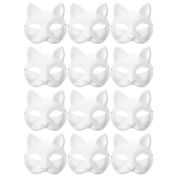 12 kpl Tyhjä naamio Kissan naamarit Puku Cosplay Naamio Lastentarha Tee itse maalaamaton kissanaamio (18,5X16,5X6CM，valkoinen）