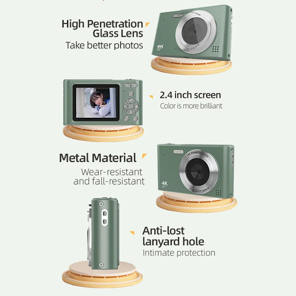 4K digitalt kamera videokamera, 48MP digitalt videokamera, 2,4 tommer skærm, 16x digital zoom, anti-shake, ansigtsgenkendelse, skønhedseffekt, bevægelsesdetektion