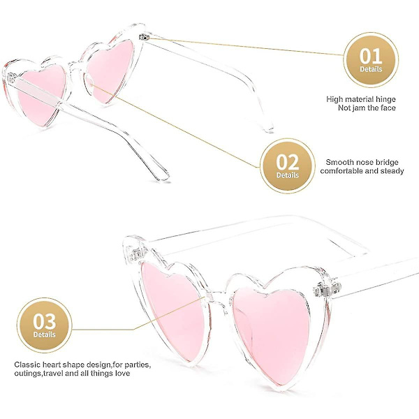 Hjärta solglasögon för kvinnor båglös tunn metallram Hjärtformade solglasögon Uv400（6,5 x 3,5 x 2,5 tum，Transparent rosa solglasögon）