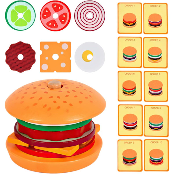 Træ burger stablelegetøj til børn, leg med madlegetøj til småbørn, pædagogisk legetøj til førskolebørn til at udvikle finmotorik