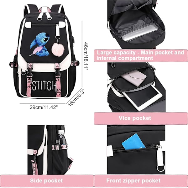 College Ryggsäck Bookbag för Kvinnor Män, 15.6 '' Stylish Dator Ryggsäck Laptop Resväska Casual Daypack USB Laddningsport