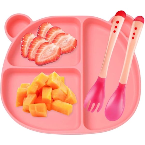 Baby i silikon + sked + gaffel Starkt sug Fast tjockt och halkfritt bordsunderlägg med 3 fack (rosa)