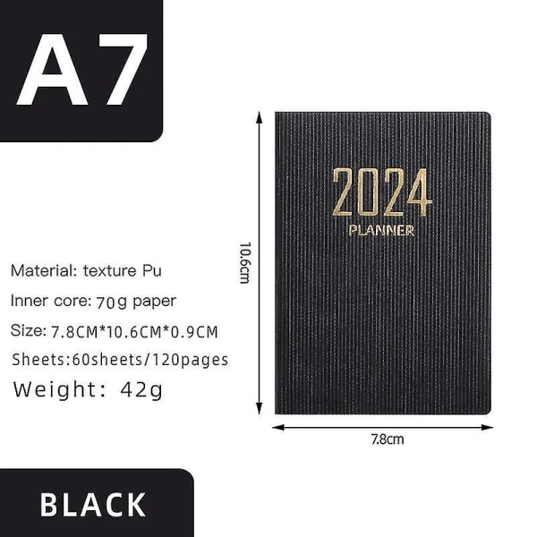2024 2024 A7 Mini Pocket Notebook 365 Days Notepad Dagbok Notatbok Dag Uke Måned Planlegger Kontor Skole Skrivesaker[HSfF]（A7，Sort）