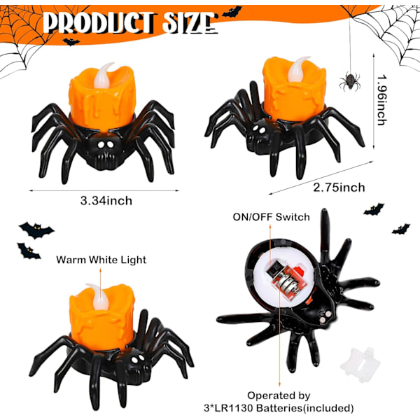 6 stk. Halloween-telys med LED-lys, batteridrevne Halloween-flammeløse LED-lys, Halloween-edderkopp-telys med spøkelsesaktig elektrisk flimrende falske lys