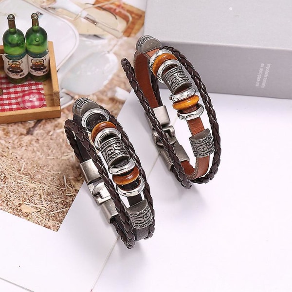 Enkel handgjord pärlad flerskikts läderarmband europeisk och amerikansk mode populär herr armband armband（Mörkbrun）