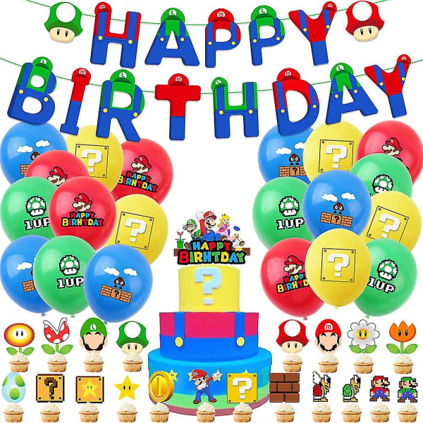 Super Mario Tema Festtillbehör Barnfödelsedag Banner Tårta Cupcake Toppers Ballonger Dekor Set