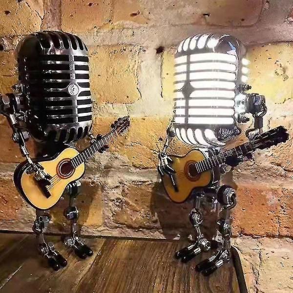 Vintage mikrofon Robotlampe Spille Gitar Skrivebord Led Lampe Lys Vintage Miniatyrer Håndverk Belysning Kontor hjemmedekorasjon（Gul）