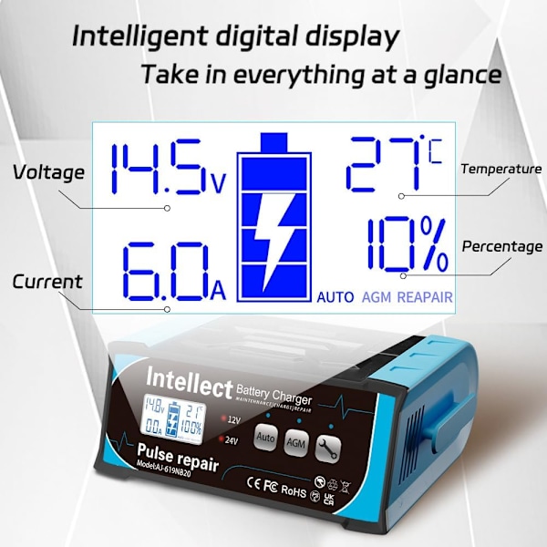 Bilbatterilader, 6 AMP, 12V Smart Batteri Vedlikeholdslader Bil 12V Batteri Vedlikeholder Desulfator