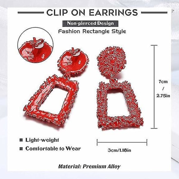 Røde clips-øreringe til kvinder, piger, ikke gennemborede geometriske rektangelformede clips-øreringe