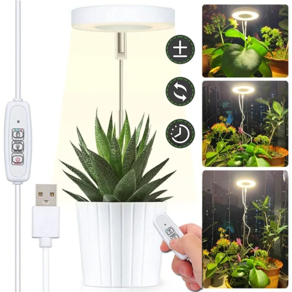 LED växtlampa fullspektrum vitt solljus ringlampa dimbar odlingslampa växtljus inomhusväxtlampa med timer, EU-kontakt