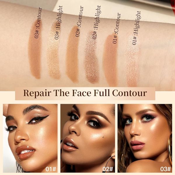 Concealer, dobbeltsidig konturstift, tredimensjonal ansiktslysende highlighter-stift, perleaktig naturlig skyggestift