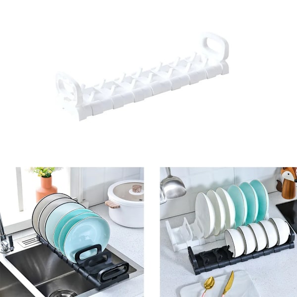 Justerbar oppvaskstativ, oppbevaringsstativ for tallerkener, justerbart tørkestativ, benkeplate, vasktilbehør, arrangør 31,5*10 cm (hvit)