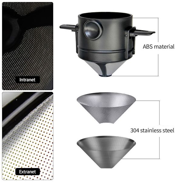 Sammenklappelig bærbar håndbrygget kaffefilter, kaffedrypkegle, til drypkaffe og te med rustfrit stålholder, ingen filterpapir