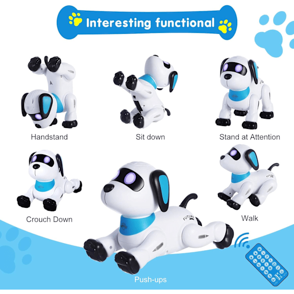 Fjernstyrt robot-hundeleke, programmerbar interaktiv og smart dansende roboter for barn 5 år og oppover, RC stuntleketøy hund med lyd LED-øyne