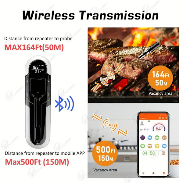 Trådløs kjøtttermometer, smart fjernkontroll-app, digitalt Bluetooth-mattermometer med vanntett probe