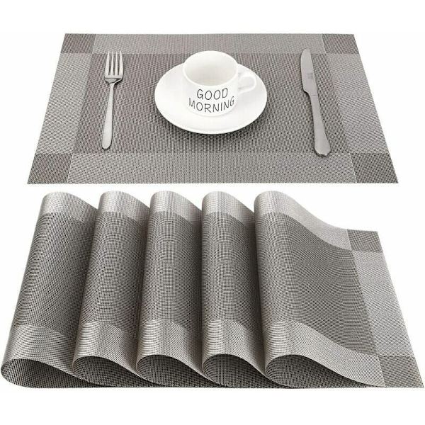 Rektangulära placemats gjorda av halkfri, värmebeständig PVC för matsal, kök eller matbord, 45 x 30 cm, set om 6, grå