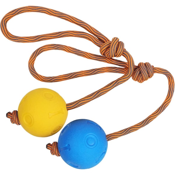 2 delar hundboll med rep, slitstark stark gummiboll på ett rep, perfekt för att plocka upp, fånga, kasta och dra rep (7 cm, blå + gul)