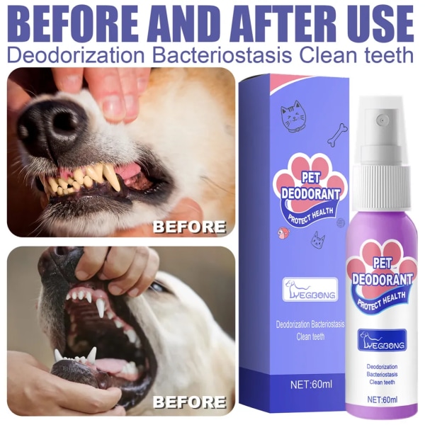 Förpackning med 3 tandspray för hund, tandspray för hund, hundtandvård, tandvårdsspray för hund mot tandsten och dålig andedräkt, hundvårdsprodukt, 60ml
