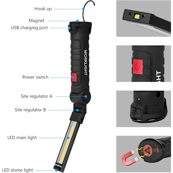 Værktøjsgaver til mænd 2-pakning Genopladelige LED-arbejdslys med magnetisk base, 360° rotation, alsidig belysning til reparationer, udendørs