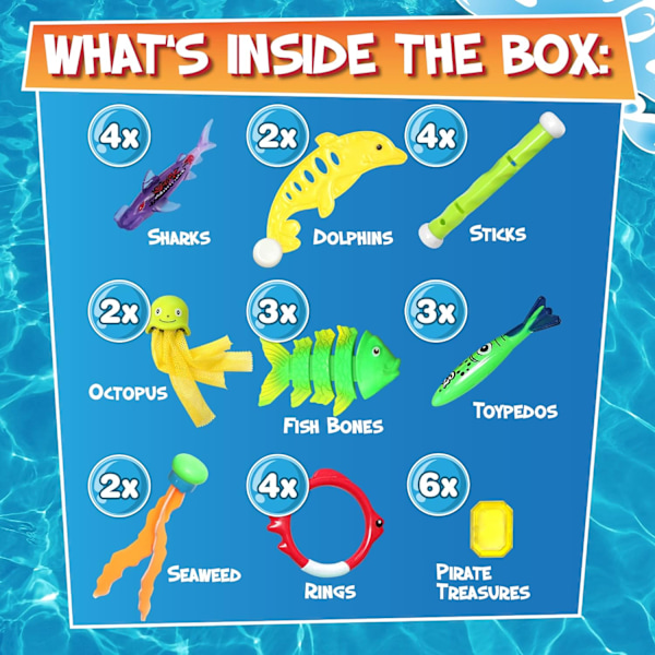 30 st dykleksaker, simbassängleksaker för barn i åldrarna 4-8 8-12 med en förvaringsnätpåse, simma sommarvattenleksaker. Inkluderar dykpinnar och poolringar
