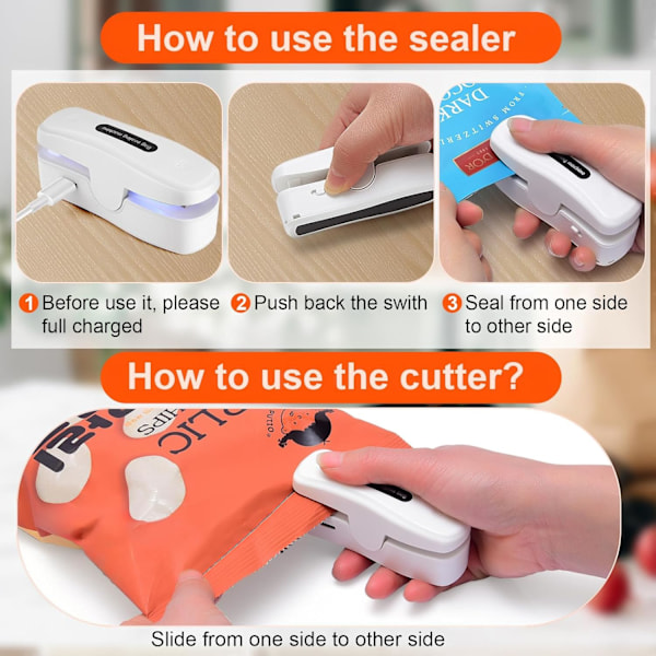Oppladbar Mini Bag Sealer, 2 i 1 Bag Varmesealer med Kutter, Bærbar Håndholdt Mini Bag Forseglingsmaskin