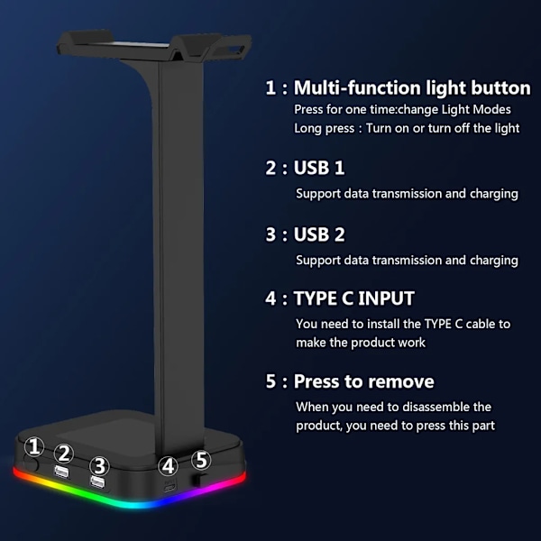 RGB Gaming Hovedtelefon Stativ Headset Holder Hanger med Trådløs Oplader Stabil Base til Alle Over-Ear Hovedtelefoner Sort