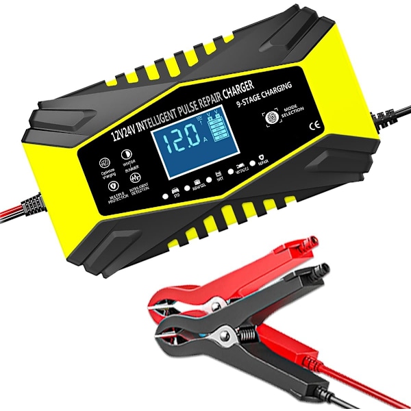 12-Amp Car Battery Charger,12V and 24V Smart Fully Automatic Maintainer Trickle Charger w/Temperature Compensation (yellow)