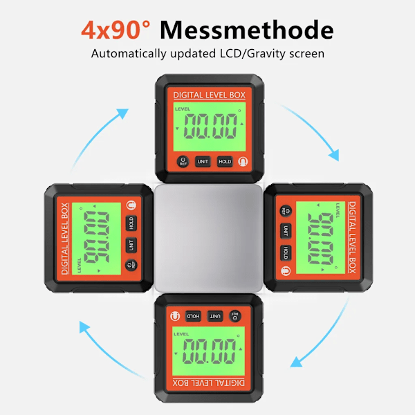 3-i-1 magnetisk inklinometer, digitalt nivå og vinkelmåler, 4 x 90° inklinometer, LCD-skjerm, dipmeter måleinstrument, 4 enheter byttbare